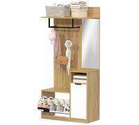 HOMCOM Meuble d'entrée 6 en 1, vestiaire d'entrée avec banc à chaussures rabattable, miroir, 80x37x168cm, chêne