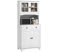 HOMCOM Meuble Haut de Cuisine avec étagère pour Micro-Ondes, 2 armoires, 2 tiroirs, Meuble vitrine avec étagères réglables, Anti-basculement, Meuble Buffet pour Salon, Salle à Manger, Blanc