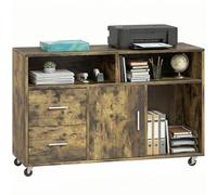 HOMCOM Meuble imprimante Mobile à roulettes avec 2 tiroirs verrouillables, 3 étagères et Armoire, Meuble imprimante pour Documents de Bureau et d'étude, 100x35x65 cm, Brun Rustique
