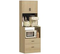 Meuble micro-ondes - HOMCOM - 2 tiroirs 2 portes plan de travail étagère réglable panneau perforé - bois - 60x40x170cm - naturel