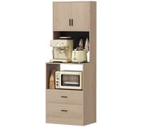 HOMCOM Meuble micro-ondes, buffet, 2 tiroirs, 2 portes, plan de travail, étagère réglable, panneau perforé, 4 crochets, naturel