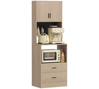 HOMCOM Meuble micro-ondes, buffet, armoire de cuisine, 2 tiroirs, 2 portes, plan de travail, étagère réglable, panneau perforé, 4 crochets, meuble de rangement pour salle à manger, salon, bois naturel