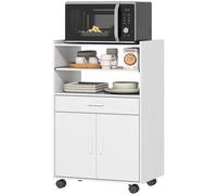 HOMCOM Meuble micro-ondes, étagère, armoire à deux portes, tiroir, roulettes, blanc
