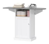 HOMCOM Meuble Planche à Repasser Pliable sur Roulettes avec Étagère Ouverte et Armoire, 121x37x89 cm, Blanc et Gris