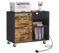 HOMCOM Meuble pour imprimante à 4 roues avec 3 tiroirs, 2 étagères ouvertes et trou de câbles, meuble imprimante en MDF, 80 x 40 x 65,5 cm, marron et noir