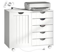 HOMCOM Meuble pour imprimante avec Station de Recharge et roulettes, Support pour imprimante avec 5 tiroirs, Ports USB, étagère réglable pour Bureau à Domicile, Blanc