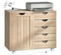 HOMCOM Meuble pour imprimante avec Station de Recharge et roulettes, Support pour imprimante avec 5 tiroirs, Ports USB, étagère réglable pour Bureau à Domicile, Naturel