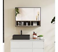 HOMCOM Meuble salle de bain avec miroir, armoire toilettes murale avec placards à 3 portes et 8 compartiments, gris