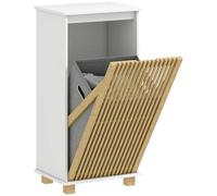 HOMCOM Meuble Salle de Bain avec Panier à Linge, Armoire de Rangement avec Porte à Lattes en Bambou et Sac Amovible, 40 x 30 x 80 cm, Blanc et Effet Bois Naturel
