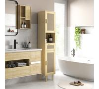 HOMCOM Meuble salle de bain colonne rangement salle de bain avec portes en rotin tiroir 2 placards 32 x 30 x 170 cm chêne