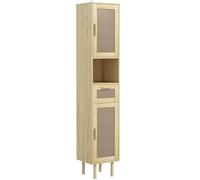 HomCom Colonne salle de bain - portes rotin, étagère, tiroir, 2 placards - 32x30x170 cm effet chêne