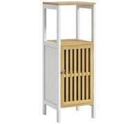 HOMCOM Meuble Salle de Bain, Meuble de Rangement, Armoire Haute Colonne avec 1 Étagère Ouverte, 1 Porte et 1 Étagère Réglable 32 x 30 x 90,5 cm Naturel et Blanc