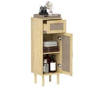 HOMCOM Meuble Salle de Bain Rangement, Meuble de Rangement Style bohème avec tiroir et Placard, étagères réglables, Porte à rotin, Armoire pour Salle de Bain, Salon, Cuisine - 32 x 30 x 92 cm, chêne