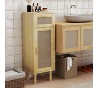 HOMCOM Meuble salle de bain rangement, meuble de rangement style bohème - tiroir et placard, étagères réglables, porte à rotin