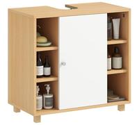 HOMCOM Meuble sous lavabo avec 6 étagères Ouvertes et Placard, Meuble sous lavabo avec découpe en U et 2 Portes à Fermeture Progressive, pour lavabos avec ou sans piédestal, 60x33x57 cm, Couleur Bois