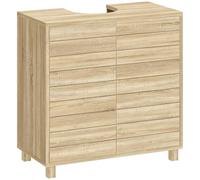 HOMCOM Meuble sous Lavabo, Meuble de Salle de Bain avec Découpe en Forme U, Portes à Lattes, Étagère Réglable, Ouverture par Pression, 60 x 30 x 60 cm, Naturel