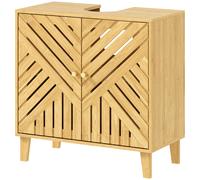 HOMCOM Meuble sous lavabo, meuble de salle de bain en bambou avec étagère réglable et portes à lattes 60 x 30 x 60 cm, naturel