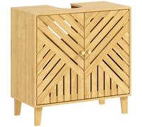 HOMCOM Meuble sous Lavabo Salle de Bain 60 x 30 x 60 cm Naturel | Étagère Réglable, Portes à Lattes, Bambou, Anti-Humidité