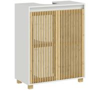 HOMCOM Meuble sous lavabo Salle de Bain Meuble sous Vasque Armoire de Rangement pour lavabo - Placard à Portes à Lattes en Bambou, 60 x 30 x 75 cm, Effet Bois Naturel
