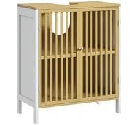 HOMCOM Meuble sous Vasque 2 Portes Bambou 60 x 30 x 70 cm Blanc et Naturel | Meuble de Salle de Bain, Étagère Réglable, Armoire de Rangement pour Lavabo