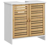 HOMCOM Meuble sous Vasque Meuble de Salle de Bain 2 Portes avec étagère réglable Armoire de Rangement pour lavabo 60 x 30 x 60 cm en Bambou Naturel et Blanc