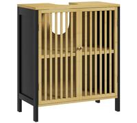 HOMCOM Meuble sous Vasque Meuble de Salle de Bain 2 Portes avec étagère réglable Armoire de Rangement pour lavabo 60 x 30 x 70 cm en Bambou Noir et Naturel
