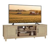 HOMCOM Meuble TV 135 cm pour Téléviseur jusqu'à 65 Pouces, Chêne | Meuble Télé, 2 Portes en Rotin, 2 Compartiments Ouverts, Style Bohème, 6 Pieds en Bois de Pin, Banc TV Salon Chambre
