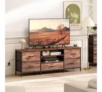 HOMCOM Meuble TV 140 cm, meuble télé 65 pouces, station de charge, 5 tiroirs en tissu, étagères ouvertes, 140x30x50cm, marron
