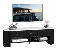 HOMCOM Meuble TV 140 cm, Meuble télé pour téléviseur 32-65 Pouces Effet marbre avec 3 tiroirs façades à cannelures, 2 étagères Ouvertes et 2 Trous pour câbles, Banc TV Moderne, Noir