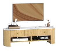 HOMCOM Meuble TV 140 cm, Meuble télé pour téléviseur 32-65 Pouces Effet marbre avec 3 tiroirs façades à cannelures, 2 étagères Ouvertes et 2 Trous pour câbles, Banc TV Moderne, Effet Bois Naturel