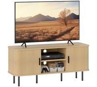 HomCom Meuble TV 120 cm – 2 portes tambour à lamelles, scandinave, pour TV jusqu'à 55 pouces, chêne