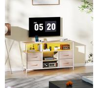 HOMCOM Meuble TV avec Lumière LED et Prises USB Étagères Ouvertes 4 Tiroirs pliables 120x30x67,5 cm Beige et Blanc