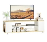 HOMCOM Meuble TV avec roulettes 120 cm, meuble télé pour téléviseur jusqu'à 55 pouces avec 2 étagères ouvertes, style moderne, montage au sol/au mur, banc TV pour salon, chambre, blanc et bois naturel
