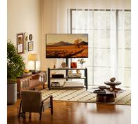 HOMCOM Meuble TV avec support pour téléviseurs de 32-65 pouces, étagères ouvertes, angle ajustable 35°, 108x41x135cm, effet bois naturel