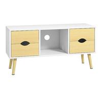 HOMCOM Meuble TV Banc TV Meuble de télévision jusqu'à 40 Pouces Pieds en Bois Massif Style scandinave 4 tiroirs 1 Niche Centrale Passe-câbles 90 x 30 x 46 cm Naturel Blanc