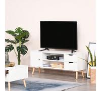 HOMCOM Meuble TV Banc TV Style scandinave Placard 2 niches 2 tiroirs Passe-Fils Panneaux Particules Blanc Bois pin Description:Ce superbe meuble TV bas sur pied style scandinave s'intégrera parfaiteme
