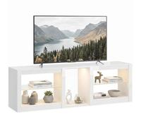 HOMCOM Meuble TV bas pour téléviseurs jusqu'à 75", 160 x 35 x 52 cm, haute brillance, avec éclairage LED, étagère ouverte et étagères en verre réglables pour salon, chambre à coucher, blanc