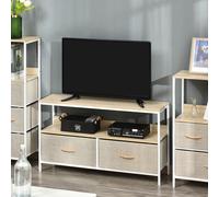 HOMCOM Meuble TV Bas sur Pieds Style Industriel 2 tiroirs en Tissu Gris Bois Naturel et métal Blanc