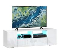 HOMCOM Meuble TV LED Blanc 140cm pour TV 60" - 3 Placards Rangement Brillant