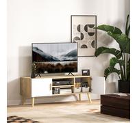 HOMCOM Meuble TV meuble télé bois banc TV jusqu'à 50 pouces avec étagères, 2 placards et passe-câbles, chêne