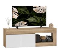 HOMCOM Meuble TV Meuble télé Bois Banc TV pour téléviseur jusqu'à 60 Pouces avec Placard à 2 Portes et Compartiment Ouvert pour Salon Chambre à Coucher, 140 x 40 x 48 cm, Effet Bois Naturel