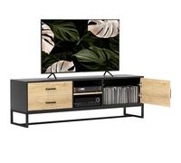 Meuble Tv Moderne - Porte, Étagère, 2 Tiroirs, 2 Niches - Acier Noir Effet Bois Noir