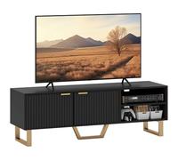 HOMCOM Meuble TV meuble télé bois banc TV pour téléviseur jusqu'à 70 pouces avec placard à 2 portes cannelées, compartiment ouvert et passe-câbles, pour salon chambre à coucher, 140 x 39 x 47 cm, noir