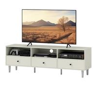 HOMCOM Meuble TV Meuble télé Bois Banc TV pour téléviseur jusqu'à 75" avec 3 étagères Ouvertes, 3 tiroirs et Passe-câbles, pour Chambre à Coucher Salon, 140 x 34 x 45 cm, crème