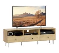 HOMCOM Meuble TV Meuble télé Bois Banc TV pour téléviseur jusqu'à 75" avec 3 étagères Ouvertes, 3 tiroirs et Passe-câbles, pour Chambre à Coucher Salon, 140 x 34 x 45 cm, Bois Naturel