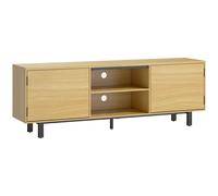 HOMCOM Meuble TV, meuble télé jusqu'à 65 pouces, 2 portes à ouverture par pression et 2 étagères, 160x35x55,5cm, bois naturel