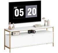 HOMCOM Meuble TV Meuble télé pour téléviseur jusqu'à 55 Pouces avec 2 Portes rabattables et étagère Ouverte, Cadre en Acier, Banc TV Moderne pour Salon Chambre à Coucher, 124 x 35 x 50 cm, Blanc