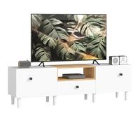 HOMCOM Meuble TV, Meuble TV jusqu'à 70" avec 2 portes pliantes, charnières à fermeture douce, tiroir, étagère ouverte, 8 pieds pour salon, chambre, 150x35x45 cm, blanc et bois