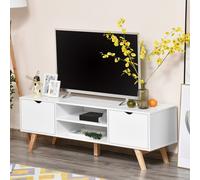 HOMCOM Meuble TV moderne grand plateau 2 armoires à porte et 2 niches ouvertes pied en bois hévéa 150 x 39 x 50 cm blanc