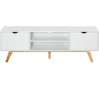 HOMCOM Meuble TV moderne pour téléviseur 65 pouces, table TV pour le salon avec 2 portes, 2 étagères ouvertes et des pieds en bois, 110 x 39 x 50 cm, blanc